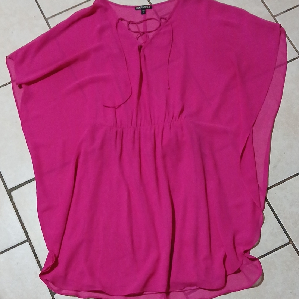 EXPRESS Womens Size L Fuchsia Pink Wide Sleeved Sheer Tunic Top